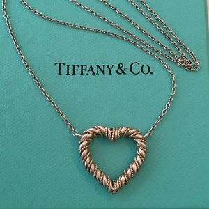 TIFFANY & CO. Vintage Silver (925) 18k Gold Heart Rope Pendant Necklace